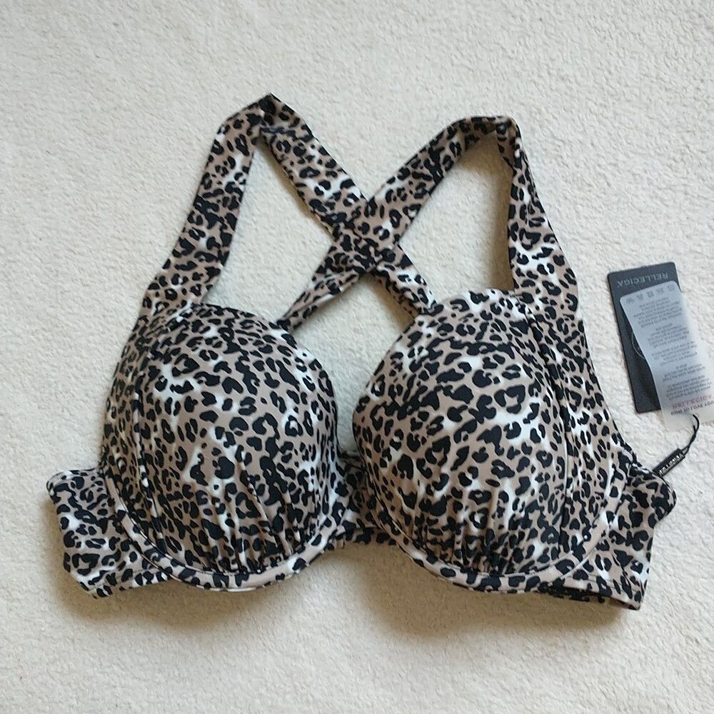 New RELLECIGA Bikini Top Womens L Animal Print Strappy Padded Underwired Push Up